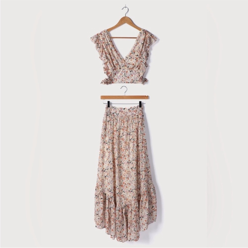 Free People Pretty Daze Ivory Floral Print Two-Piece Dress Crop Top /Skirt Set - Picture 10 of 11